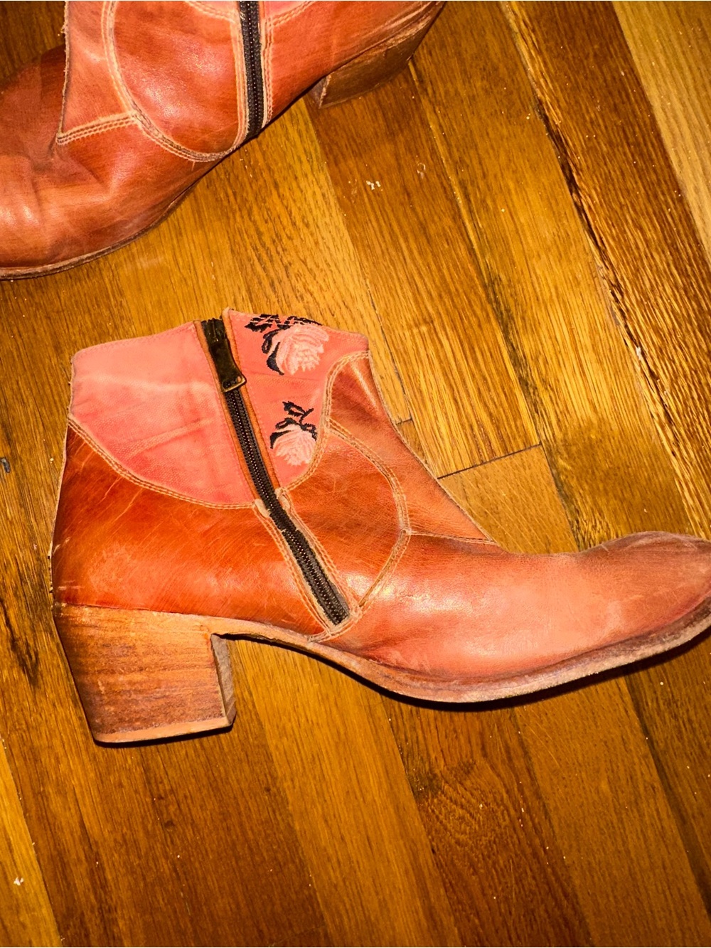 One of one handmade Brown Leather Ankle Booties with Fabric accent
